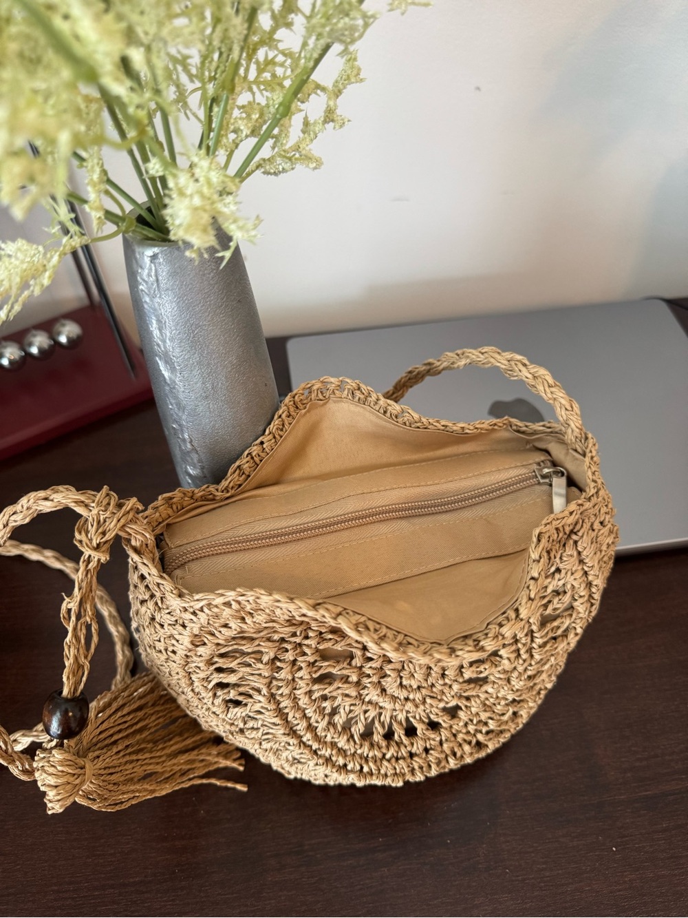 Handwoven Round Straw Crossbody Bag | Summer Woven Beach Purse - Picture 8 of 9